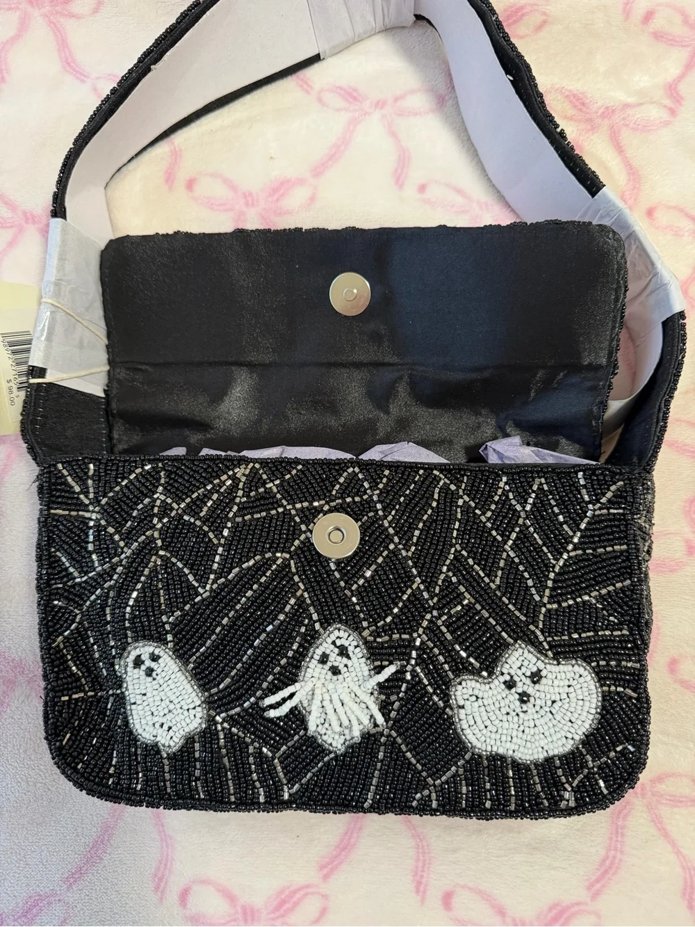 Black Beaded Shoulder Bag with White Ghost Motif